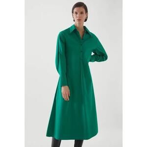 COS Relaxed Fit Midi Shirt Dress Women's 8 Green Collared Long Sleeve Cotton